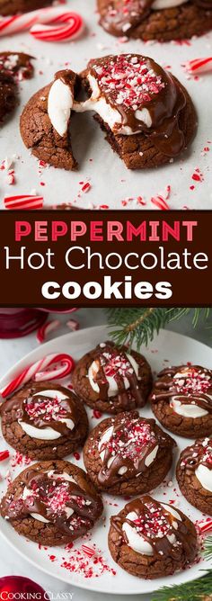 peppermint hot chocolate cookies with white frosting and sprinkles on top