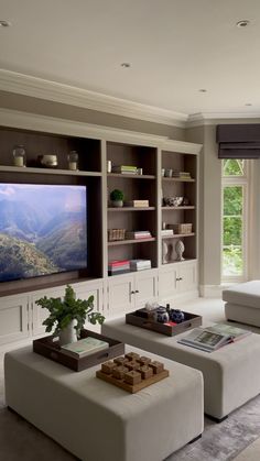 a living room filled with furniture and a flat screen tv mounted on the wall above it