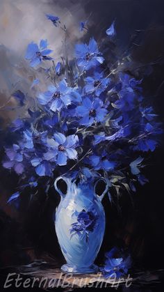 a painting of blue flowers in a vase