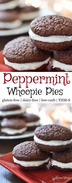 chocolate peppermint whoopie pies on a red plate