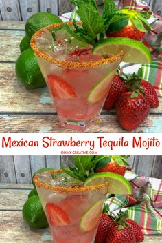 mexican strawberry tequila mojito with limes and strawberries