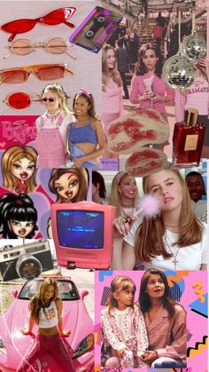 the collage shows many different pictures and people in pink outfits, including an old tv