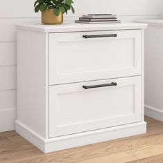 a white cabinet with two drawers and a potted plant next to it on the floor