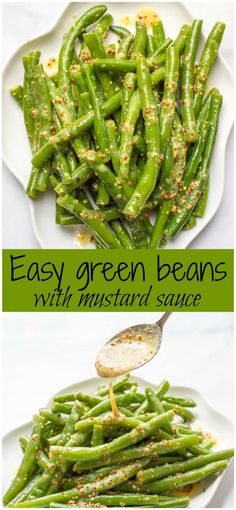 green beans with mustard and seasoning on them are shown in two different pictures, one is