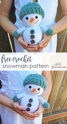 this is a crocheted snowman doll with a green hat and scarf on