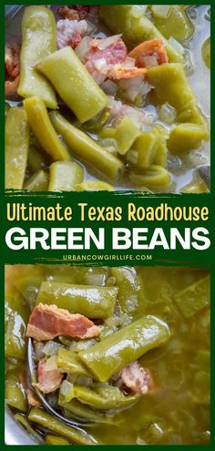 Having a big crowd at your Thanksgiving dinner party? Make this southern-style green bean recipe! Loaded with bacon, these copycat Texas Roadhouse Green Beans taste just like the original. No one would guess they're an easy Thanksgiving side! Green Beans With Bacon Crockpot, Texas Roadhouse Sides, Crockpot Green Bean Recipes, Green Beans Recipe For Thanksgiving, Loaded Green Beans, Green Bean Recipes Italian, Texas Roadhouse Green Beans Crockpot, Texas Green Beans, Steakhouse Green Beans Recipe