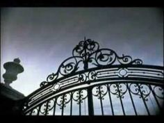 an iron gate with a street light in the distance and sky behind it, as seen from below