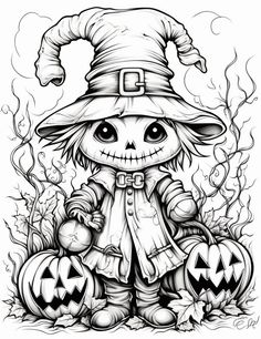 a black and white drawing of a little witch with pumpkins in front of her