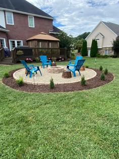 an outdoor fire pit surrounded by lawn chairs