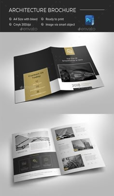 an open brochure with black and gold accents on the front, back and sides