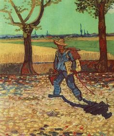 a painting of a man walking in the park