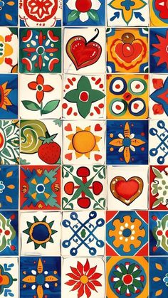 colorful tiles with different designs on them