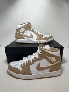 Khaki Nike Shoes, Sneakers Men Fashion Nike, Mens Winter Parka, Nike Shoes Men, Nike Jordan 1 Mid, Customized Shoes, Country Girl Shirts, Nike Jordan 1, Unique Sneakers