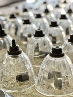 several clear glass bell jars with black caps and screws on the top are lined up next to each other