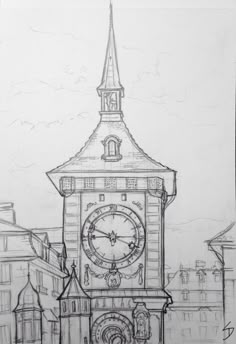 a drawing of a clock tower in the middle of town