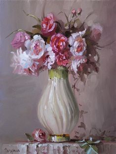 a painting of pink flowers in a white vase