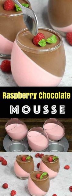 raspberry chocolate mousse is served in small bowls and garnished with fresh raspberries