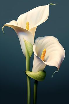 two white calla lilies with green stems on a dark background, one blooming and the other budding