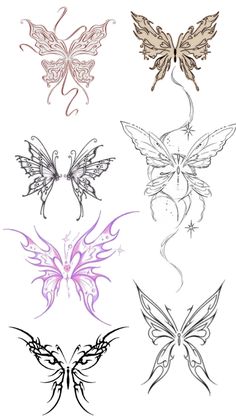 four different butterfly tattoos on a white background, one with wings and the other with stars