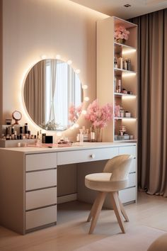 a dressing table with a mirror, stool and flowers