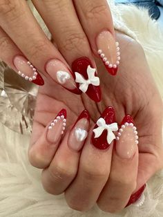 Red Coquette Nail Ideas, Cupid Inspired Nails, Coffin Coquette Nails, Red Nails Pearls, Strawberry Coquette Nails, Heart And Bow Nails, Cute Red French Tip Nails, Coquette Nails Acrylic Almond, Croquette Nails Red