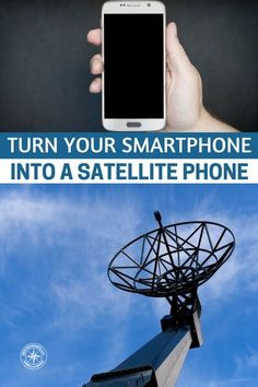 someone is holding their cell phone up to the top of a satellite dish that's in the air