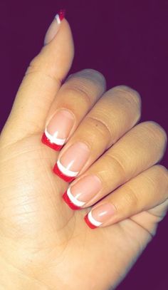 Nail Designs Red Tips, Red French Tip Nails Square Christmas, White French Tip With Red Line, French Nails With Red Tips, Red And White Dip Nails, Red And White Tip Nails, Christmas Nails White French Tip, White Nails Red Tips, Red White French Tip Nails