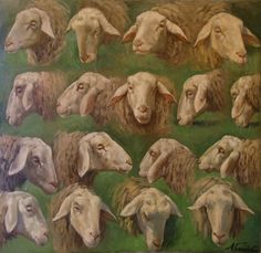 a painting of sheep with different colored faces