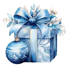 a watercolor painting of a blue gift box with a bow and ornament