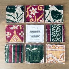 six pieces of cloth with different designs on them, all in various colors and patterns