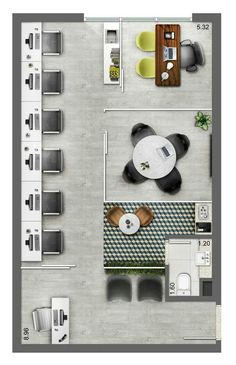 an overhead view of a living room and dining area in a floor plan with furniture