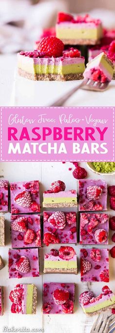 raspberry matcha bars are arranged on a white table with pink and green toppings