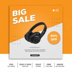 the big sale flyer is shown with headphones on an orange and white background,