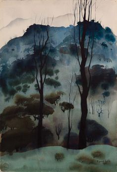 watercolor painting of trees and mountains in the distance with snow on ground, one tree has no leaves