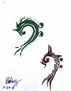 two different designs on white paper with blue and green ink