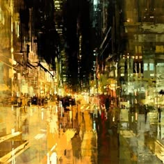 an abstract painting of city street at night