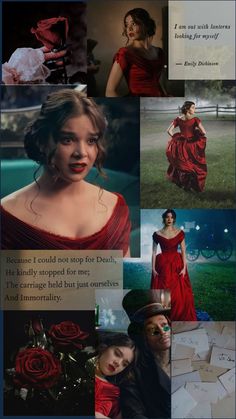 a collage of photos with the same woman in red