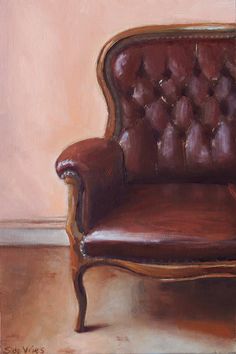 a painting of a brown leather chair in front of a pink wall with a window