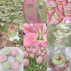 pink and green collage with flowers, cell phone, cupcakes, cake