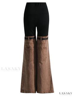 Women's Wide-Leg Denim Pants in Mansi Style Dark Wash Bottoms With Pockets For Fall, Baggy Brown Jeans With Five Pockets, High-waisted Brown Jeans With Pockets, Baggy Mid-rise Pants For Fall, Baggy Mid-rise Jeans For Fall, Baggy Mid-rise Fall Jeans, Baggy Brown Straight Leg Bottoms, Brown Cotton High-waisted Jeans, Fall Baggy Mid-rise Pants