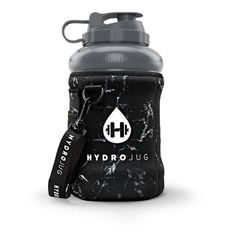 a black and white water bottle with a lanyard on the side that says hydro jug