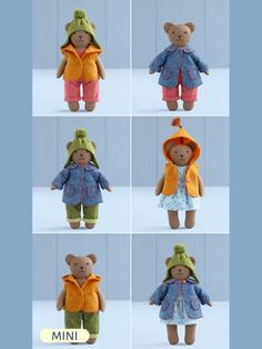 four different pictures of teddy bears wearing clothes and hats, one with a coat on