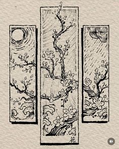 three panels with trees and flowers on them, each panel is drawn in black ink