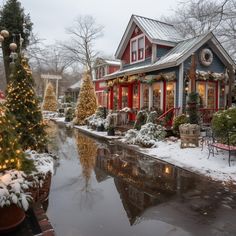 a house with christmas trees in front of it and water running through the yard area