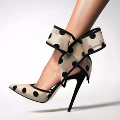 Black & Beige Mesh Polka Dot Bow Heeled Sandals with Ankle Strap Black Heels With Bow, Mesh Heels, Fantastic Shoes, Bow Pumps, Bow Heels, Moda Vintage