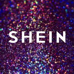 the word shein written in white on a purple background with multicolored glitter