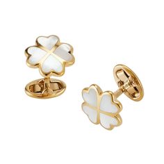 Gemstone Four Leaf Clover Sterling Silver Gold Vermeil Cufflinks. Set with either white mother of pearl or black onyx. the 18K gold vermeil finish adds luxurious warmth to each pair. Hand crafted in 925 Sterling Silver with 18K Gold Vermeil Plate Finish Available in mother of pearl, black onyx, green onyx and red tiger's eye Packaged in a wood lacquered box, perfect for gifting and display Style # S1063-18K Lucky Four Leaf Clover, Pearl Cufflinks, Red Tigers Eye, Rare Gemstones, Cufflinks Men, Four Leaf, Green Onyx, Enamel Jewelry, Tiger's Eye