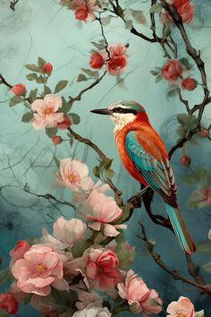 a painting of a bird sitting on a branch with flowers in front of the sky