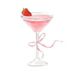 a watercolor drawing of a pink cocktail with a strawberry on the rim and ribbon