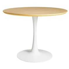 an oval table with a wooden top and white pedestal base, viewed from the front